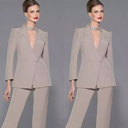 Elegant Mother Of Bride Pan Suit Long Sleeves Appliques Satin Mother Of The Bride Custom Made Formal Suit231P