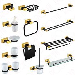 Rolya Luxurious Golden/Black Solid Brass robe hook toilet paper holder towel rail Tumbler Holder Bathroom hardware set