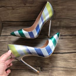 Free shipping real photo genuine leather Gradient Color Stripe Point toe snake printed lady high heel shoes pump size 33-43 12cm 10cm 8cm