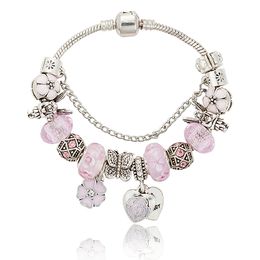 Rosa sakura love heart hängande berlockarmband för Pandora 925 Silver 3 mm ormkedja berlockarmband för kvinnor med originallogotyp