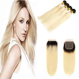 Color 1B/613# Blonde Human Hair Weave 3 Bundles with Free Part Lace Closure Platinum Ombre Brazilian Blonde Straight Remy Hair Extensions