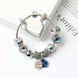 New Charm Bracelets for Blue Cats Eyes Beads Bracelet 925 Silver Bracelets Bright Stars Moon Bangle Diy Jewellery