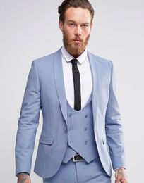Custom Made Groomsmen Light Blue Groom Tuxedos Shawl Lapel Men Suits Wedding Best Man Bridegroom (Jacket + Pants + Vest + Tie) L104