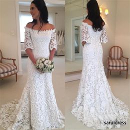 A-Line Off The Shoulder Full Lace Half Long Sleeves Country Style Bridal Gowns Lace Wedding Gowns Vintage Bohemian Beach Wedding Dresses