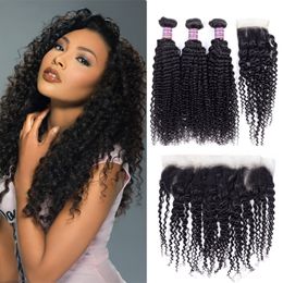 Popular Brazilian Kinky Curly Human Hair Bundles With Closure Virgin Peruvian Malaysian Human Hair Extensions Bundles With Lace Frontal