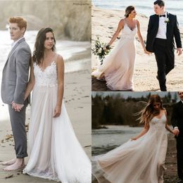 2019 BHLDN Beach Wedding Dresses V Neck Sexy Backless Lace Appliqued Sweep Train Cheap Boho Wedding Dress A Line Plus Size Bridal Gowns