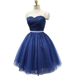Stunning Short Prom Dresses Navy Blue Evening Dresses Soft Tulle with Shining Sequins Fabric Lace-up/Zipper Back Custom Made
