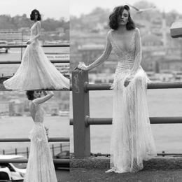liz martinez beach a line wedding dresses feather backless deep v neck full lace bridal gowns long sleeves boho wedding dress