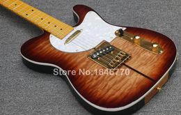 Quilted Maple Top MerleHaggard Tuff Dog Tobacco Sunburst Electric Guitar Strings Thru Body Bridge, White Pearl Pickguard & Tuners