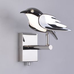 Plated Plastic Bird Wall Lamp with Stainless Steel Base LED Bedroom Bedside Wall Light Study Cafe Aisle Stairs Decoration Art Wall Sconce