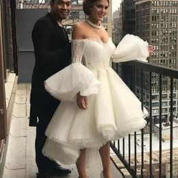 Ivory Short Wedding Dresses Off Shoulder Poet Tiered High Low Wedding Gowns Back Zipper Custom Made Fashion Bridal Gowns With Lace Applique