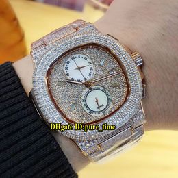 Date New Nautilus 5990/1 Rose Gold Case All Diamond Miyota Quartz Chronograph Mens Watch Stopwatch Sapphire Glass Diamond Bracelet