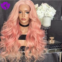 30inches long body wave peach pink synthetic lace front wigs for women with middle parting glueless heat resistant Fibre hair