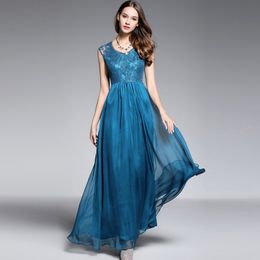 Women's Sexy V Neck Sleeveless Embroidery Lace Fashion Elegant Party Prom Long Runway Dresses