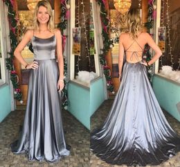 Grey Evening Dress Long Cheap 2018 Open Back Satin A line Side Slit Spaghetti Straps Long Prom Red Carpet Dress Gowns For Women