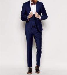 Fashion Navy Blue 3 Piece Suit Groom Tuxedos Shawl Lapel Centre Vent Bridegroom Wedding Suit Men Prom Dinner Blazer(Jacket+Pants+Tie+Vest)36
