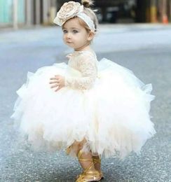 2018 cute baby girl baptism gown christening dress jewel neck long sleeves lace bodice ruffles ball gown skirt toddler pageant dresses