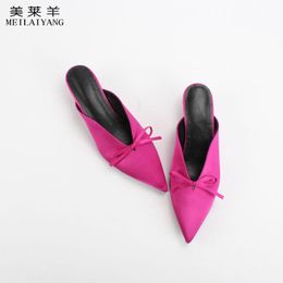 New fashion women mules butterfly-knot slippers pointed toe silk genuine leather sheepskin med heels women shoes slippers