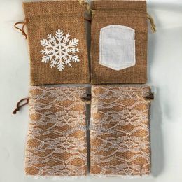 20pcs Retro Linen Burlap Pouch Jute Bag Drawstring Gift Wrap - Snowflake, Floral Lace, Sewn Writing Fabric Styles Package Bag Favours 9x14cm