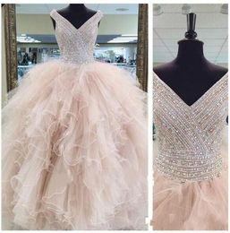 puffy ball gown dresses UK - 2018 Sexy Bling Quinceanera Ball Gown Dresses V Neck Beaded Crystal Sweet 16 Arabic Long Tulle Puffy Plus Size Party Prom Evening Gowns