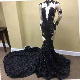 2K18 Black Girl Mermaid Prom Dresses Plus Size High Neck Long Sleeves Appliqued Evening Dress Attractive 3D Rose Floral Prom Party Dresses