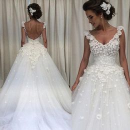 Princess 3D Flowers Wedding Dresses A Line V Neck Sleeveless Little Flower Sexy Backless Tulle Bridal Gowns with Sweep Train