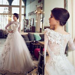 Romantic 3D Floral Flowers Long Sleeve Wedding Dresses Lace A line Ruched Sheer Neck Hollow Back Applique Cheap wedding Dresses Bridal Gowns