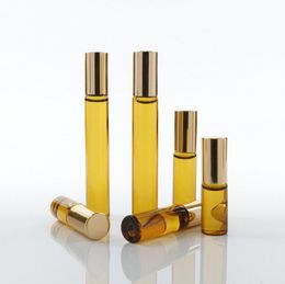 Empty 5ml amber steel roller ball bottles for essential oils roll-on refillable glass perfume bottle LX1186