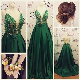 Sexy Dark Green Evening Formal Long Dresses Deep V neck With Spaghetti Straps Beaded Lace Satin A line Cheap Prom Pageant Dress Gowns