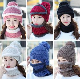 Women Knitted Hat Scarf Mask Three Pieces Set Fashion Wool Knit Hat Collars Female Warm Snow Caps Windstoper Face Mask Hat Set