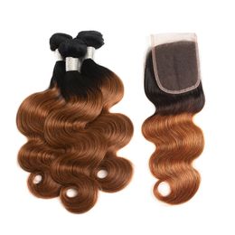 Peruvian Malaysian Brazilian Virgin Body Wave Hair With Closure Ombre Hair Bundles With Closure 1B/30# Two Tone Brown Human Hair Weave