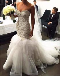 2018 Luxury Mermaid Wedding Dresses Sweetheart Major Beading Pearls Tulle Vestidos Court Train Sleeveless Custom Plus Size Bridal Gowns