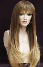 Human Hair Blend Wig Long Straight Face Frame Blonde Brown mix Heat safe wil T85