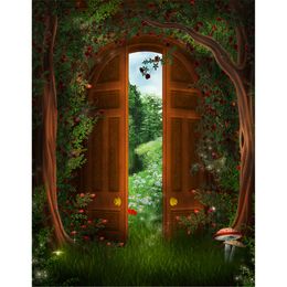 Fairy Tale Forest Arched Door Backdrop for Photography Red Flower Trees Mushrooms Fireflies Kids Children Photo Studio Backgrounds