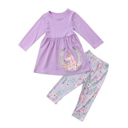 Baby Girls Clothing Set Spring Autumn Long Sleeve Unicorn Print Cotton Tops Dress + Floral Pants 2PCS Girls Outfits Set Boutique Kid Clothes