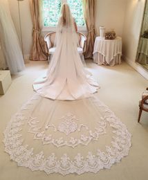 Hot Sale 3M Long Cathedral Wedding Veils With Comb Lace Applique Trim Tulle One Layer Bridal Veil Wedding Accessories