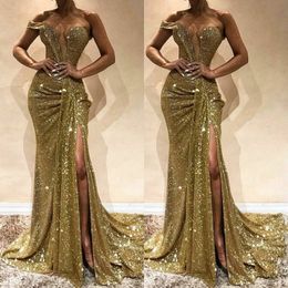 Glittering Full Sequined Party Gowns Chic One Shoulder Sweetheart Ruched Split Evening Dress Sexy Charming Mermaid 2018 Prom Dresses