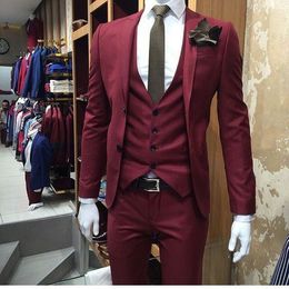 Custom Made Groom Tuxedos Groomsmen Burgundy Slim Suits Fit Best Man Suit Wedding/Men's Suits Bridegroom Groom Wear (Jacket+Vest+Pants)
