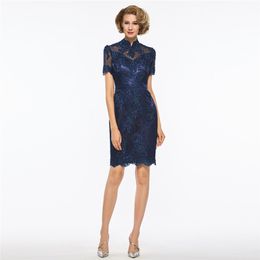 setwell Plus Size Mother Of The Bride Dresses Navy Beads Lace Wedding Party Dress High Neck Short Sleeves Mother Dress For Wedding