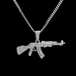 Alloy Ak47 Gun Pendant Necklace Iced Out Rhinestone With Hip Hop Miami Cuban Chain Gold Silver Color Men Women Jewelry 2PCS