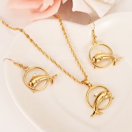 Fine Gold GF round Cute Dolphin Pendant Necklaces and Earrings for Women/Girls,Papua New Guinea Jewellery wedding brida Party Gift