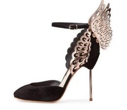 2018 Sexy Metallic Leather Butterfly Wing Sandal Black Suede Ankle Strap Metal Heels Pumps Women Cut-out Spring Autumn Dress Shoes