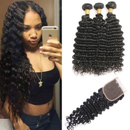 Indian Virgin Hair Wefts With Closure Human Hair Bunldes With 4X4 Lace Closure Middle Free Three Part Deep Wave Curly Indian Raw Hair