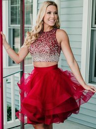 Stunning Sequined Two Pieces Homecoming Dresses For Juniors Jewel Neck Tiered Short Prom Gowns A Line Beaded Tulle Cocktail Party Dress