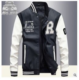 Wholesale- Kenntrice Autumn Winter Youth Varsity Leather Jacket Men College Jackets Men's Outerwear Printed PU Leather Coats Bomber Jacket