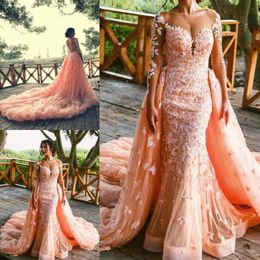 Charming Coral Prom Dresses 3D Flora Appliques Tulle Long Train Evening Gowns Sheer Neck Illusion Long Sleeves Women Formal Party Dress