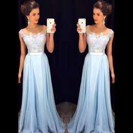 Light Sky Blue Prom Dresses Sheer Neck Cap Sleeves Appliqued Chiffon Floor Length Formal Dresses Modest Evening Gowns Zipper Up