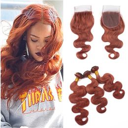 Dark Auburn Lace Closure With Bundles Body Wave Brazilian Virgin Hair Bundles 3Pcs With 4*4 Top Closure Color 33# Dark Brown Hair Weft