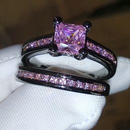 choucong Princess Pink stone 5A Zircon stone 10KT Black Gold Filled Wedding Band Ring Set Sz 5-11 Free shipping Gift