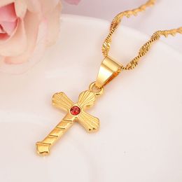 New african Jewellery Sets Solid gold Fine Filled crystal Cross redzircon Pendant Necklace Chain kids party Dubai Arab